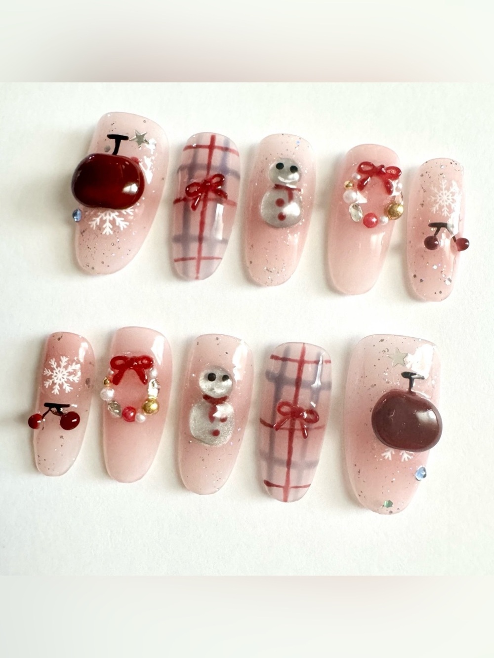 Cute Snowman & Plaid Press-On Nail Set in Blush Pink